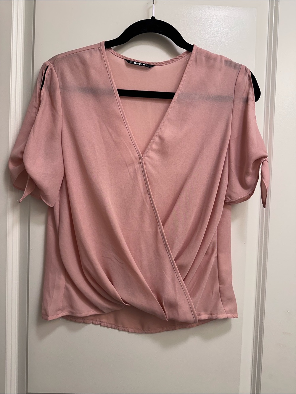 Blush Pink Wrap-Front Short Sleeve Blouse - SHEIN